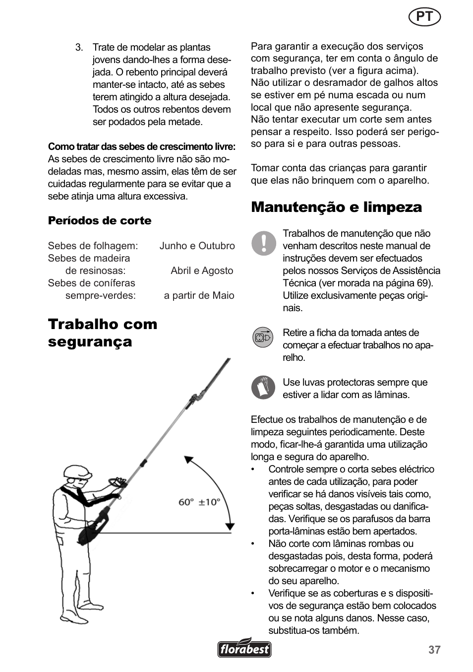 Trabalho com segurança, Manutenção e limpeza | Florabest FHL 900 A1 User Manual | Page 37 / 70