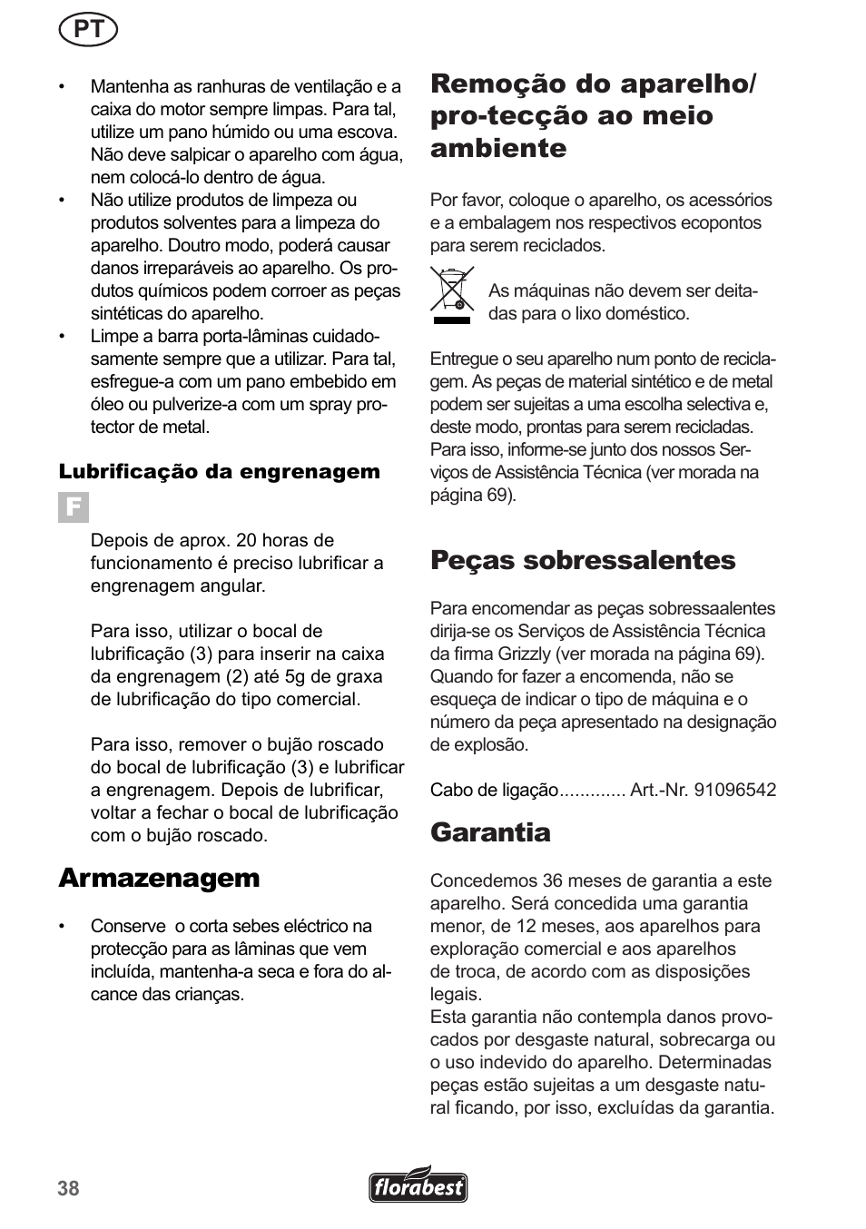 Armazenagem, Remoção do aparelho/ pro-tecção ao meio ambiente, Peças sobressalentes | Garantia | Florabest FHL 900 A1 User Manual | Page 38 / 70
