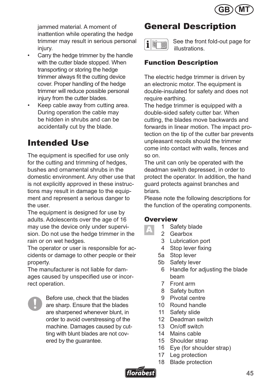 Intended use, General description, Mt gb | Florabest FHL 900 A1 User Manual | Page 45 / 70