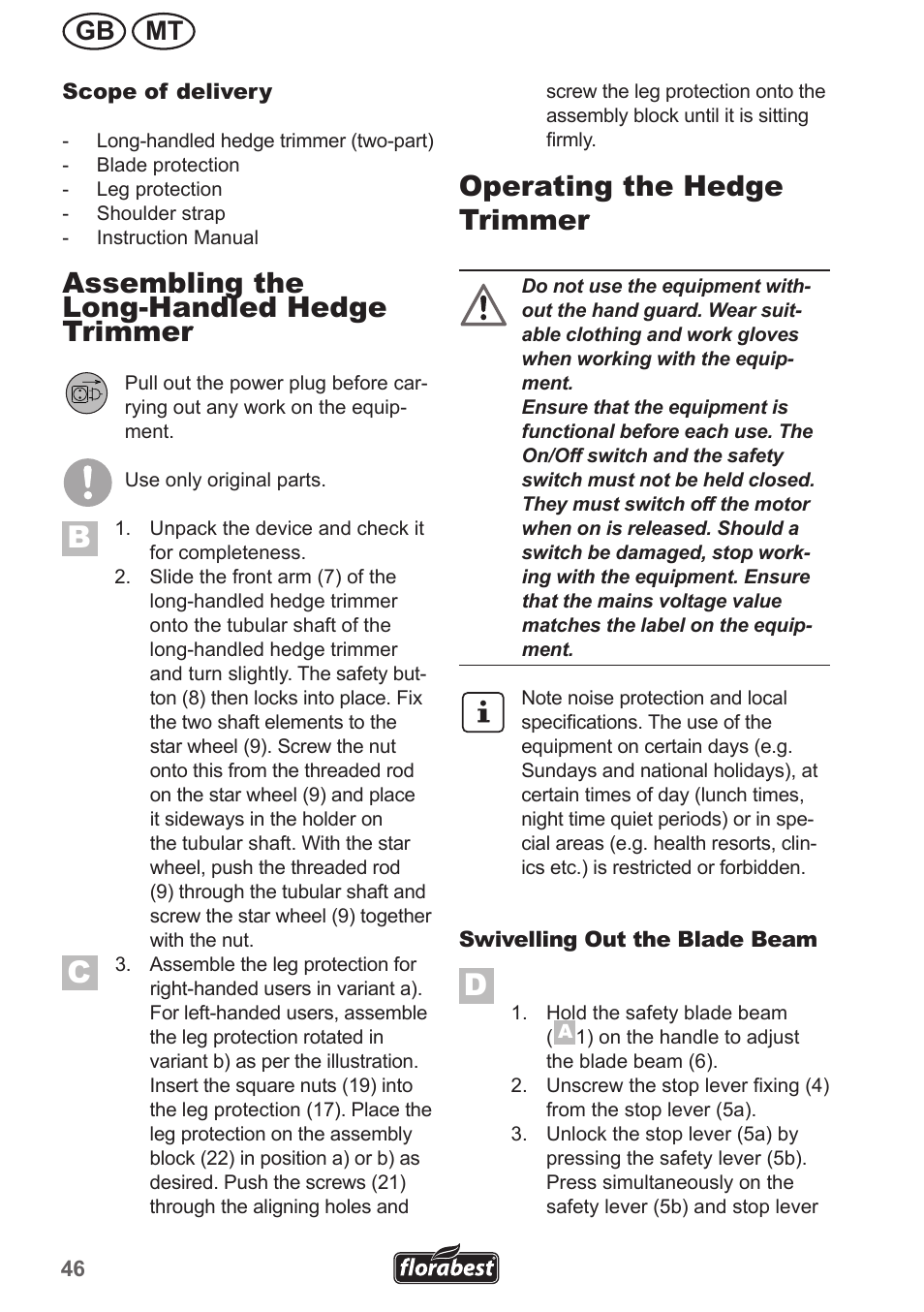Assembling the long-handled hedge trimmer, Operating the hedge trimmer, Gb mt | Florabest FHL 900 A1 User Manual | Page 46 / 70