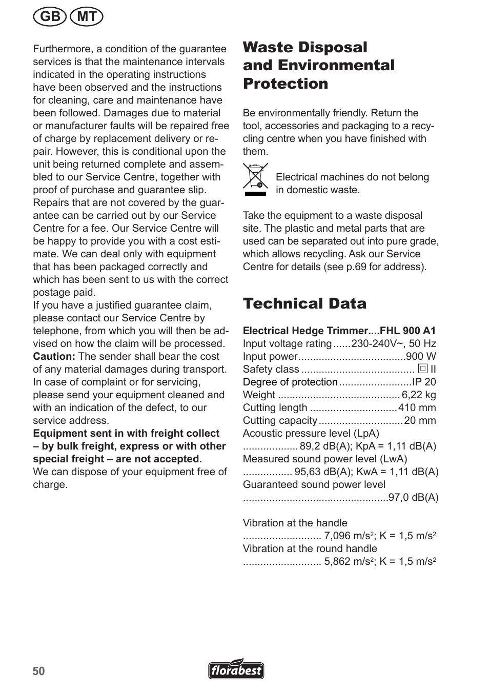 Waste disposal and environmental protection, Technical data, Gb mt | Florabest FHL 900 A1 User Manual | Page 50 / 70