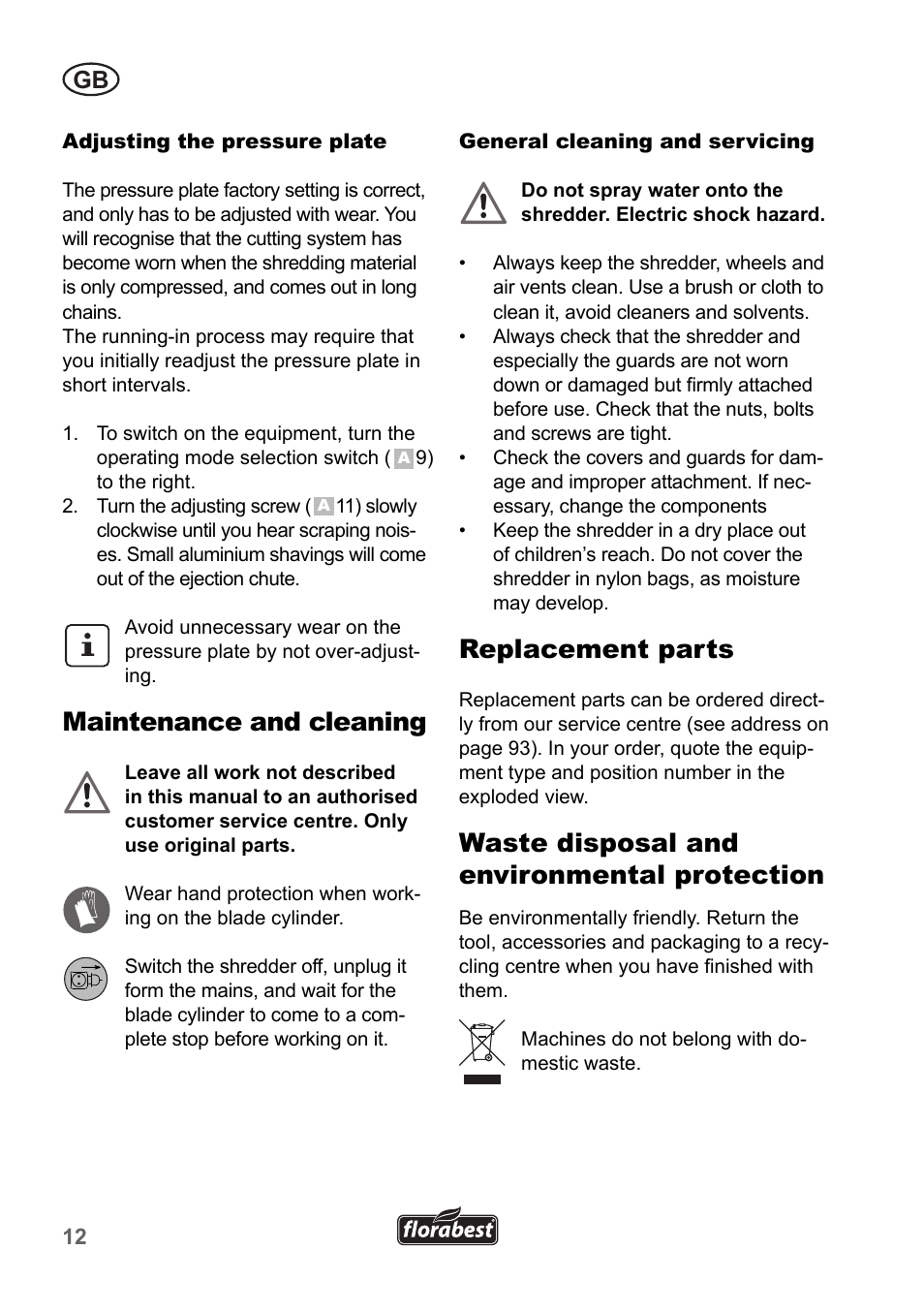 Maintenance and cleaning, Replacement parts, Waste disposal and environmental protection | Florabest FLH 2500 A1 User Manual | Page 12 / 94