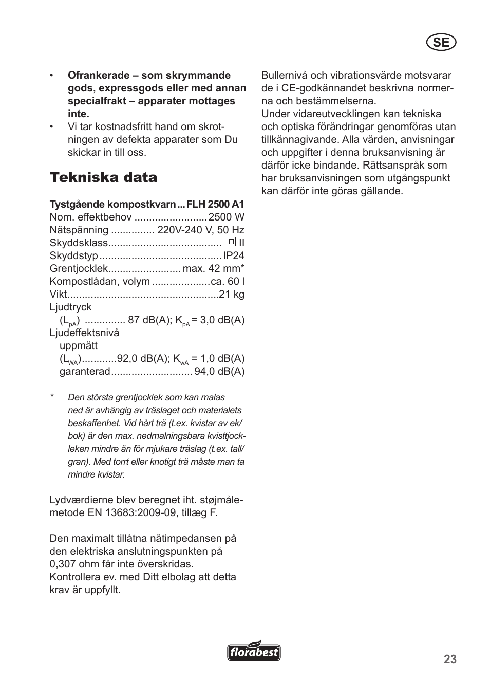 Tekniska data | Florabest FLH 2500 A1 User Manual | Page 23 / 94