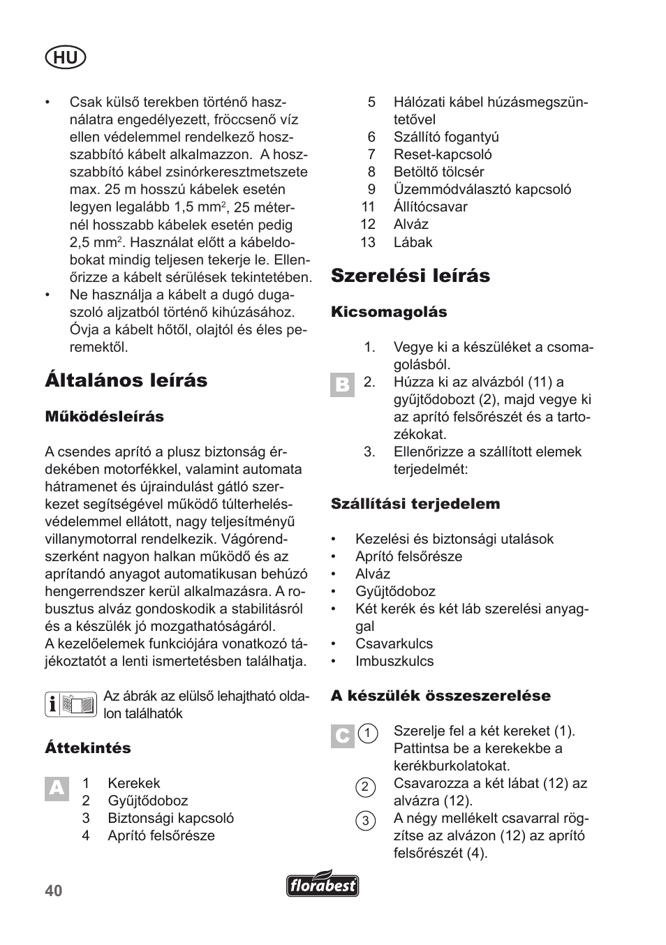 Általános leírás, Szerelési leírás | Florabest FLH 2500 A1 User Manual | Page 40 / 94