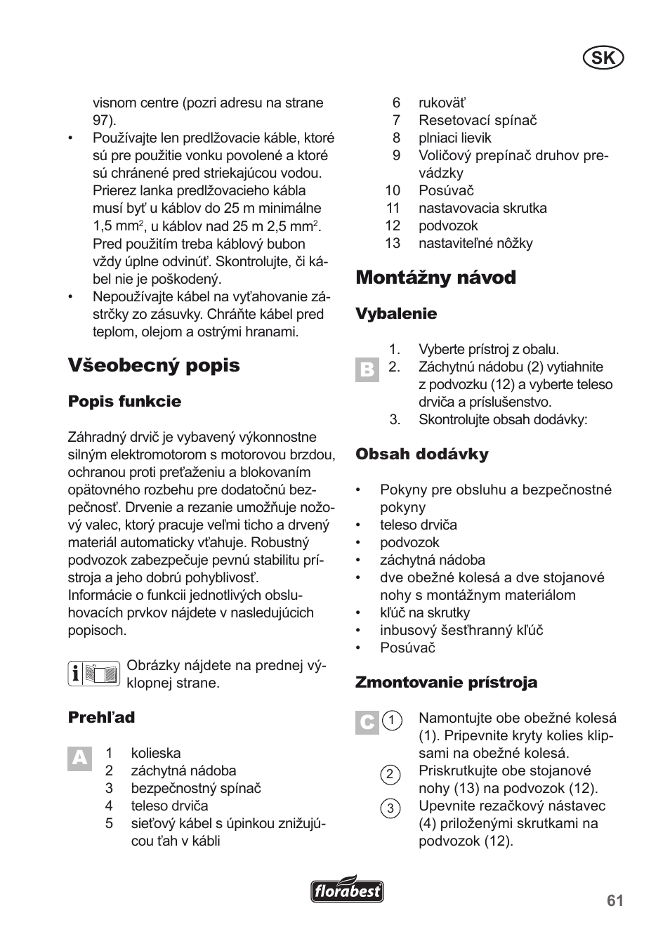 Všeobecný popis, Montážny návod | Florabest FLH 2500 A1 User Manual | Page 61 / 94