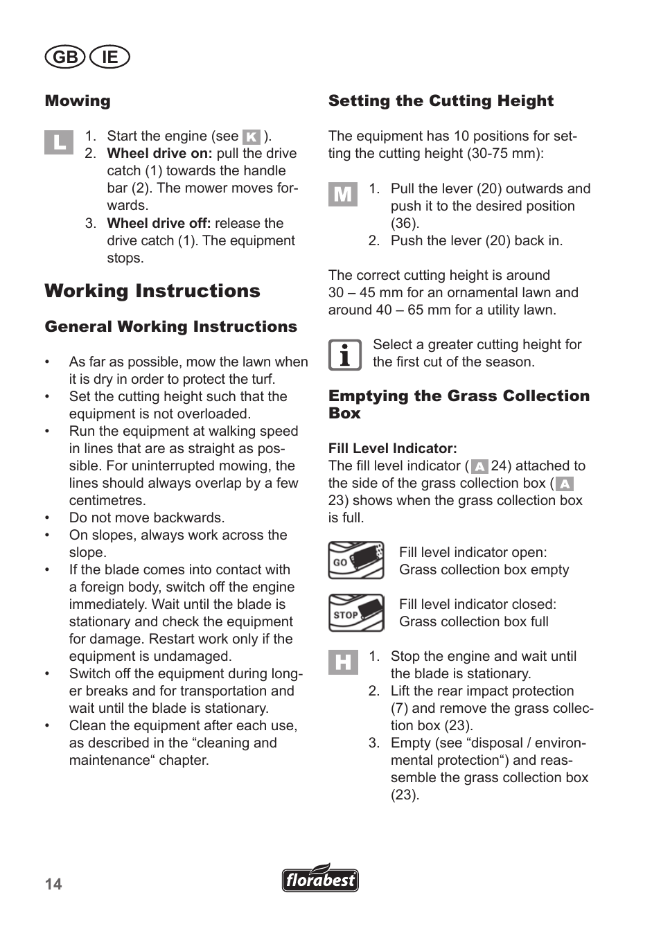 Working instructions, Gb ie | Florabest FBM 550 A1 User Manual | Page 14 / 28