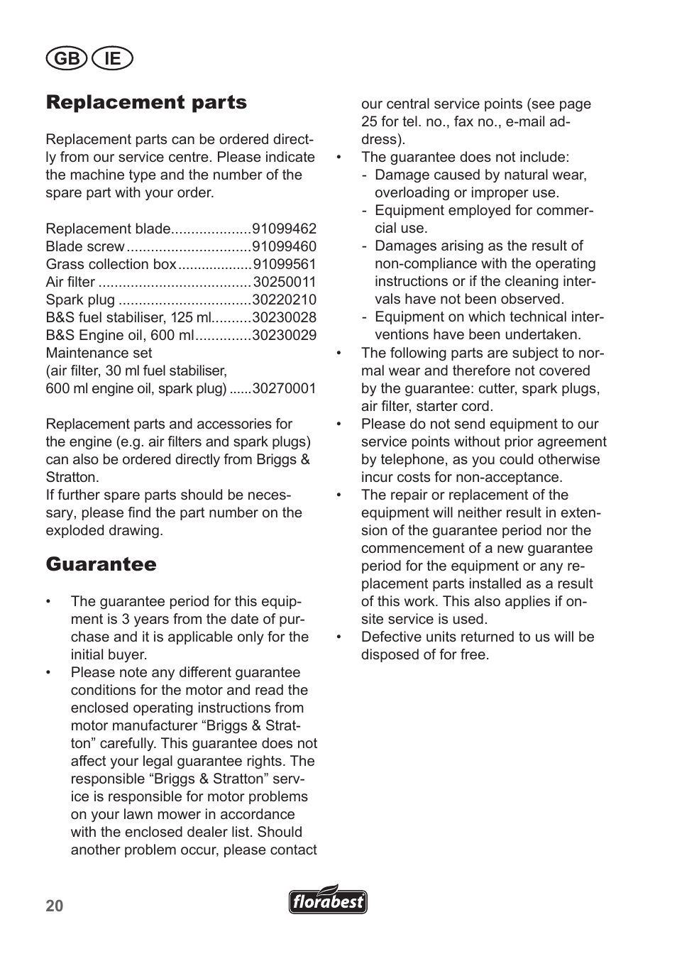 Replacement parts, Guarantee, Gb ie | Florabest FBM 550 A1 User Manual | Page 20 / 28