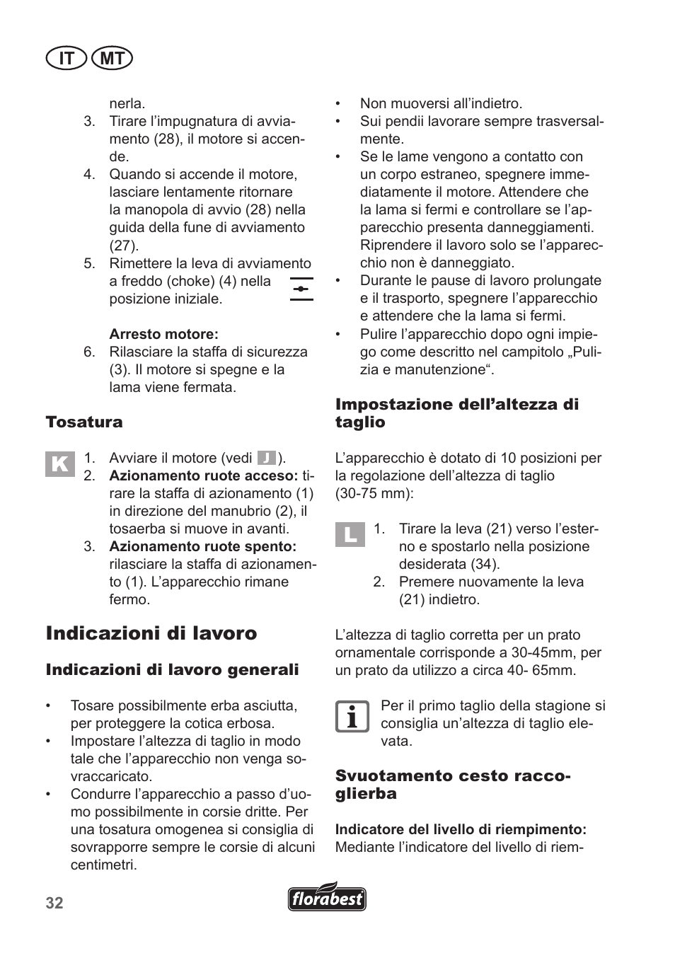 Indicazioni di lavoro, It mt | Florabest FBM 135 A1 User Manual | Page 32 / 100