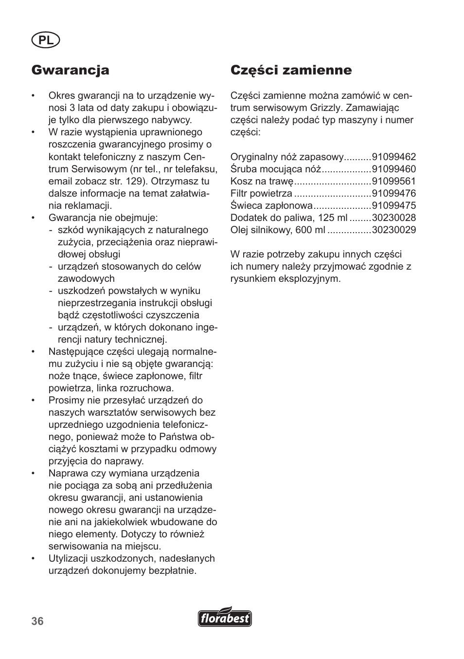 Gwarancja, Części zamienne | Florabest FBM 135 A1 User Manual | Page 36 / 132