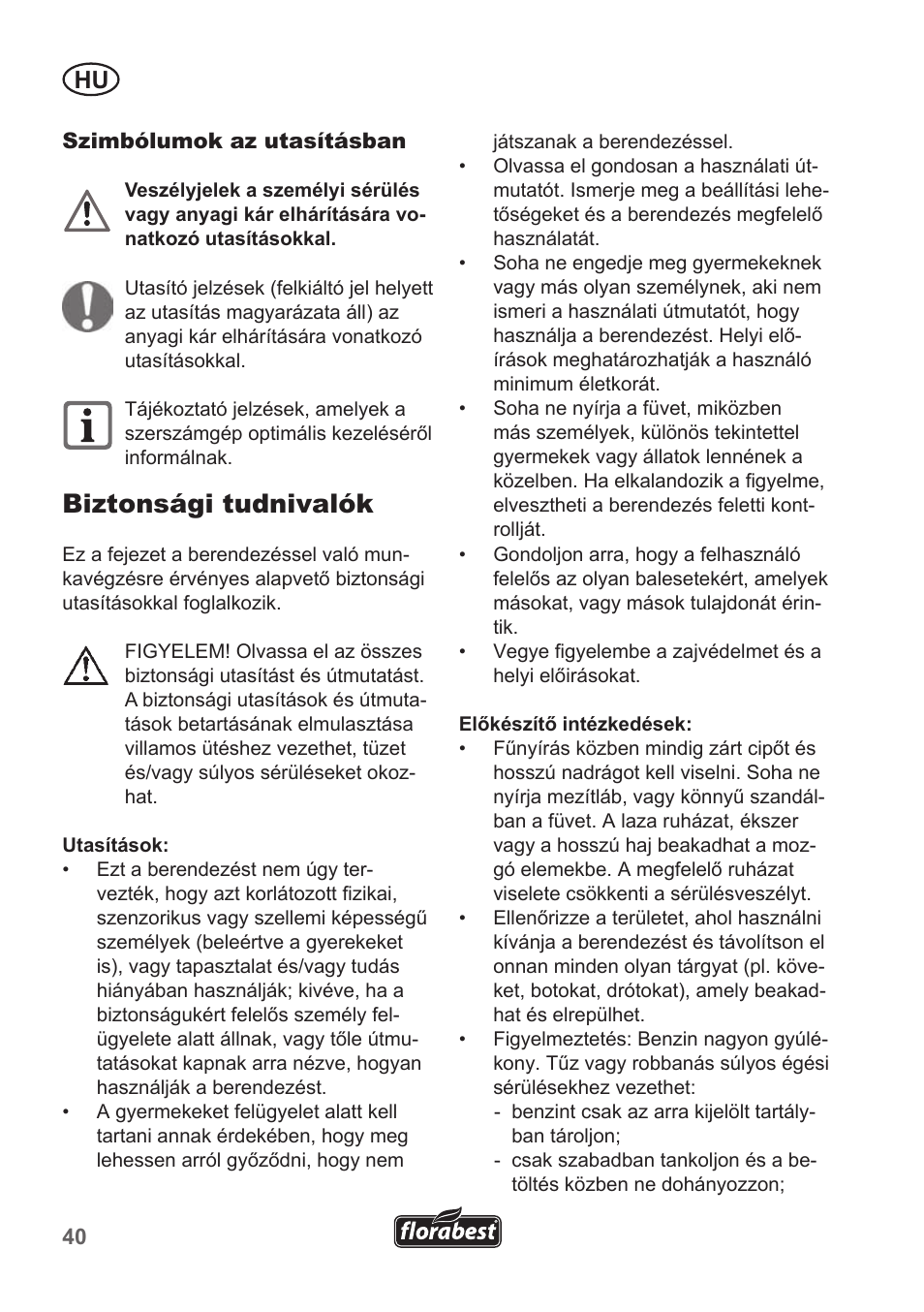 Biztonsági tudnivalók | Florabest FBM 135 A1 User Manual | Page 40 / 132