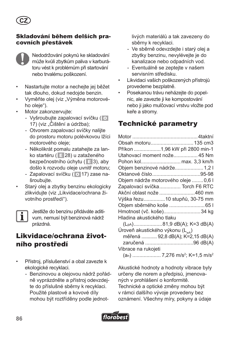 Likvidace/ochrana život- ního prostředí, Technické parametry | Florabest FBM 135 A1 User Manual | Page 86 / 132