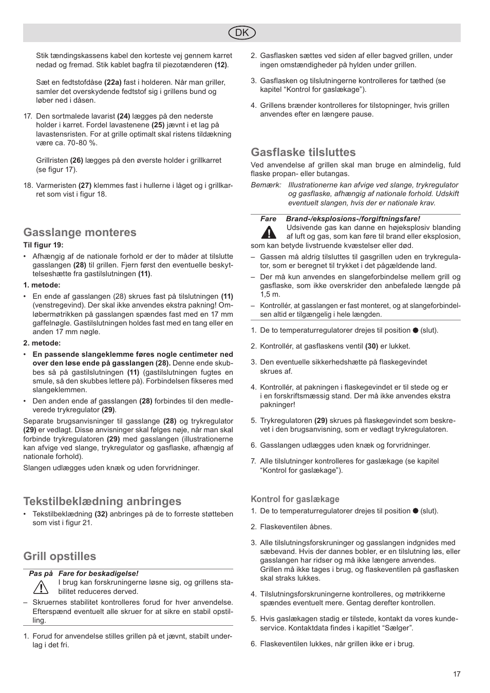 Gasslange monteres, Tekstilbeklædning anbringes, Grill opstilles | Gasflaske tilsluttes | Florabest FGG 5.5 A1 User Manual | Page 17 / 76