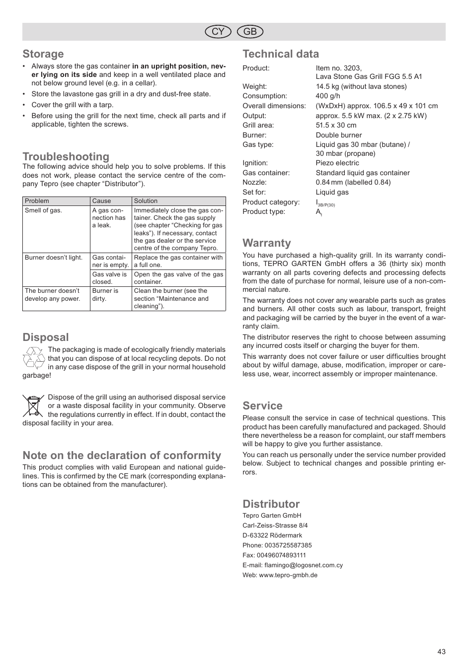 Storage, Troubleshooting, Disposal | Technical data, Warranty, Service, Distributor, Cy gb | Florabest FGG 5.5 A1 User Manual | Page 43 / 76