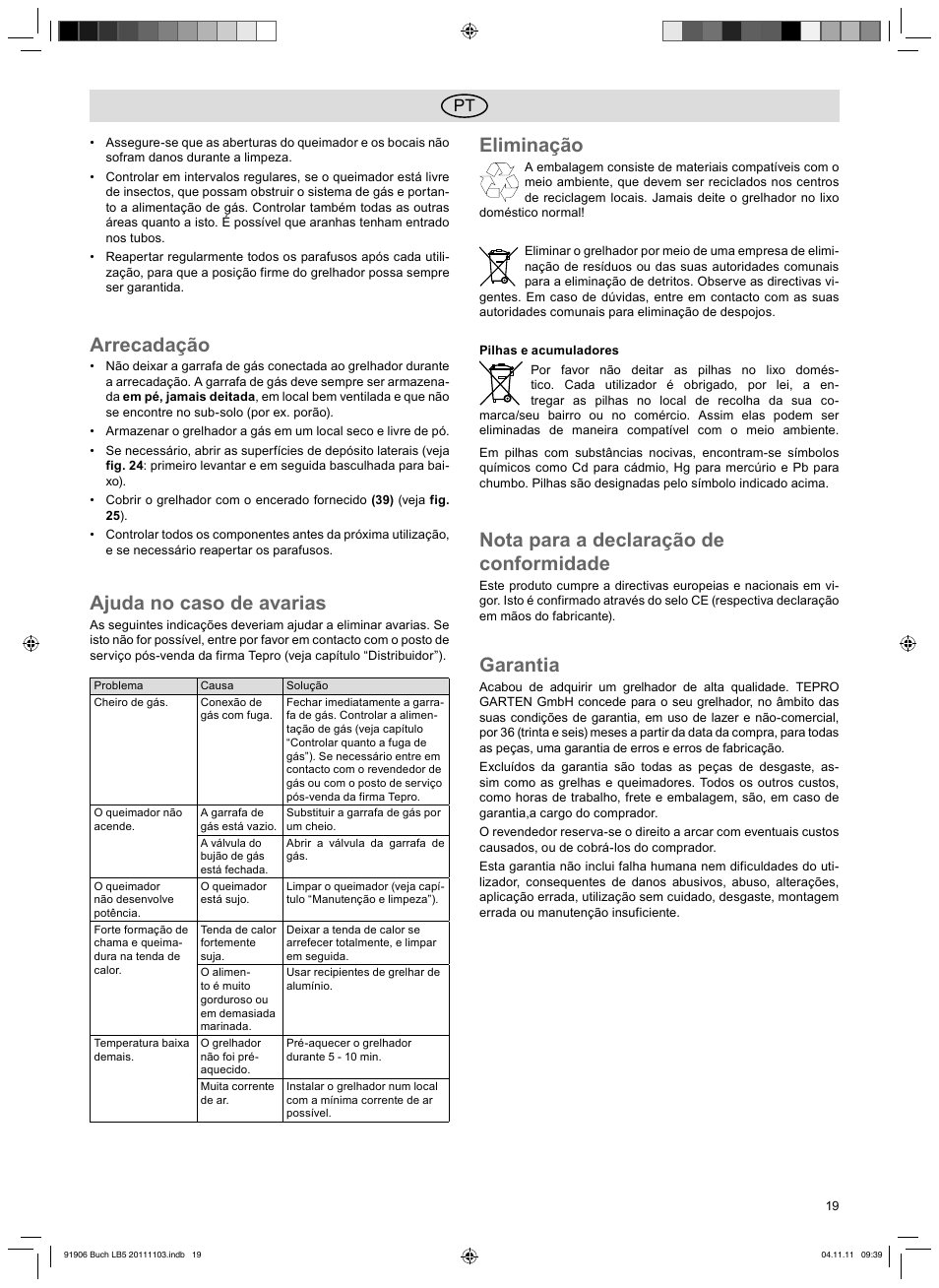 Arrecadação, Ajuda no caso de avarias, Eliminação | Nota para a declaração de conformidade, Garantia | Florabest FGG 6.7 B2 User Manual | Page 19 / 42