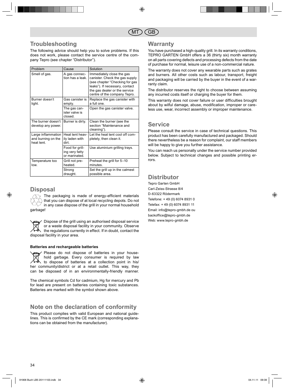 Troubleshooting, Disposal, Warranty | Service, Distributor, Gb mt | Florabest FGG 6.7 B2 User Manual | Page 34 / 42
