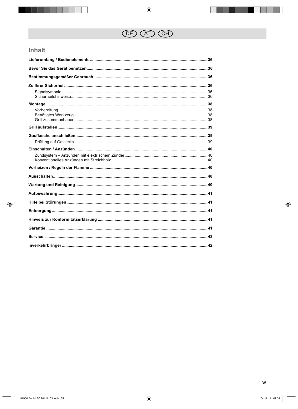 Inhalt, De at ch | Florabest FGG 6.7 B2 User Manual | Page 35 / 42