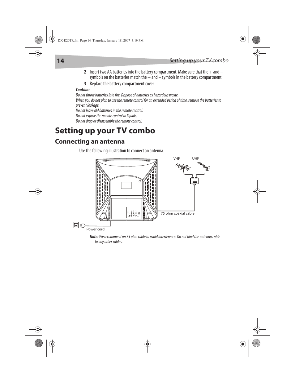 Setting up your tv combo, Connecting an antenna | Dynex DX-R20TR User Manual | Page 15 / 67