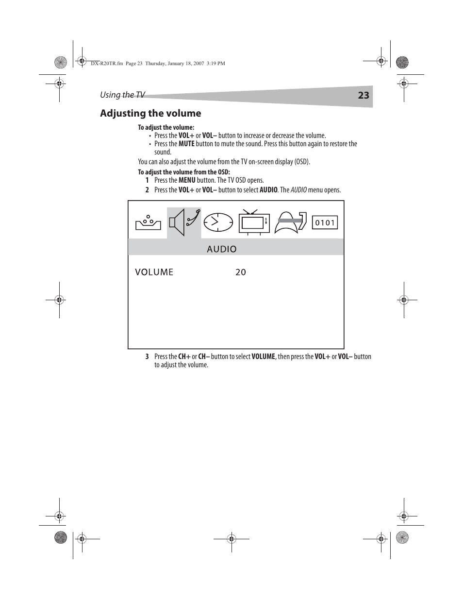 23 adjusting the volume | Dynex DX-R20TR User Manual | Page 24 / 67