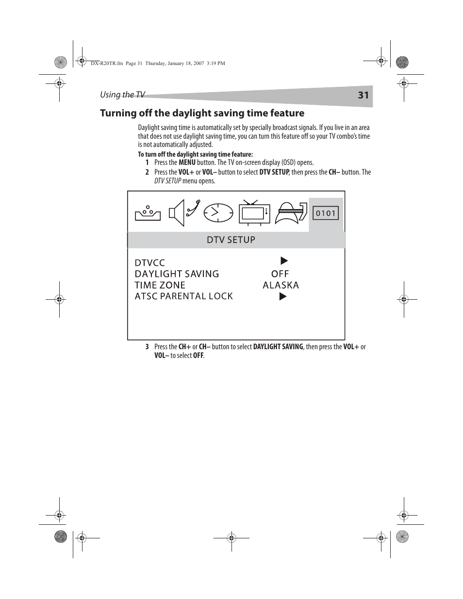 31 turning off the daylight saving time feature | Dynex DX-R20TR User Manual | Page 32 / 67