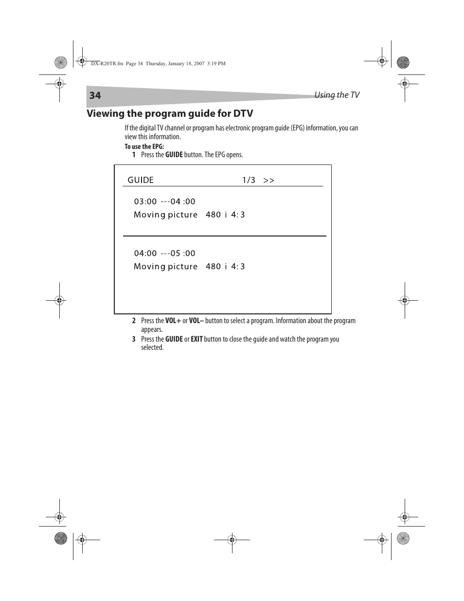 Viewing the program guide for dtv | Dynex DX-R20TR User Manual | Page 35 / 67