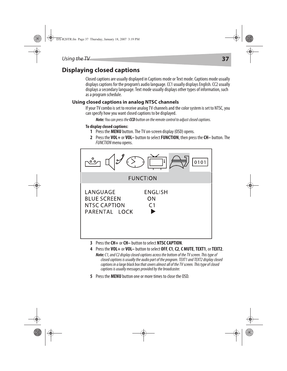37 displaying closed captions | Dynex DX-R20TR User Manual | Page 38 / 67