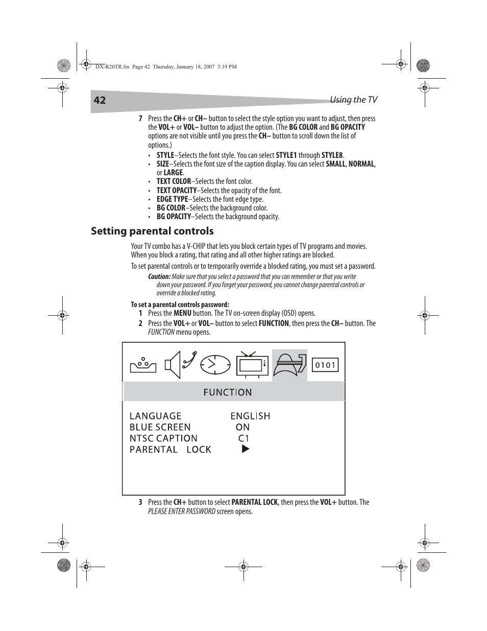 Setting parental controls | Dynex DX-R20TR User Manual | Page 43 / 67