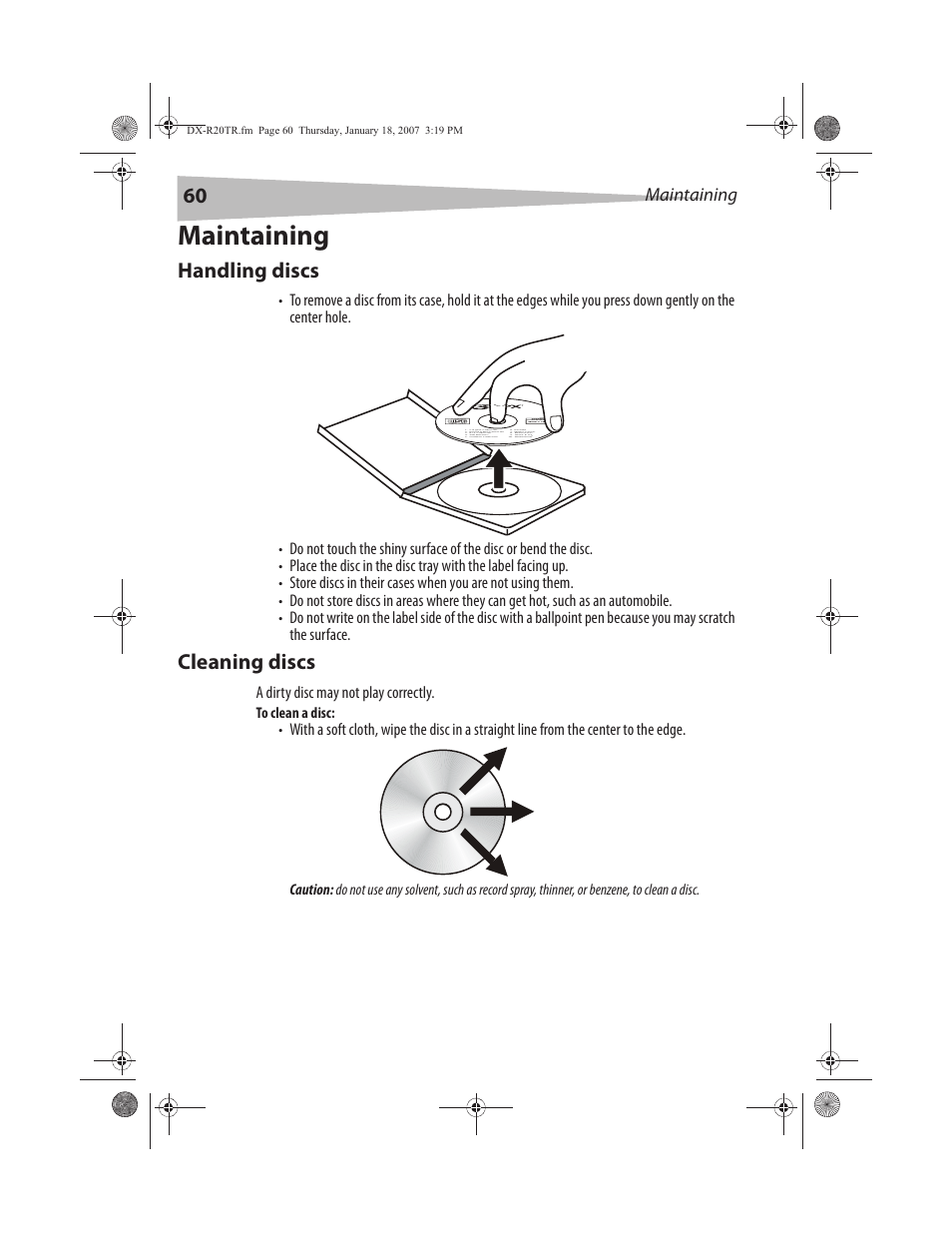 Maintaining, Handling discs, Cleaning discs | Dynex DX-R20TR User Manual | Page 61 / 67