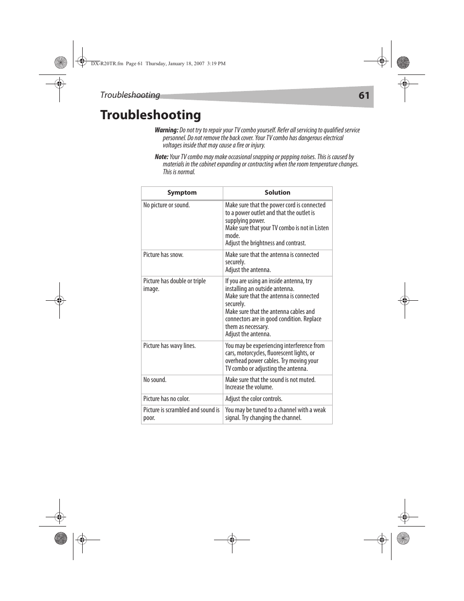 Troubleshooting | Dynex DX-R20TR User Manual | Page 62 / 67