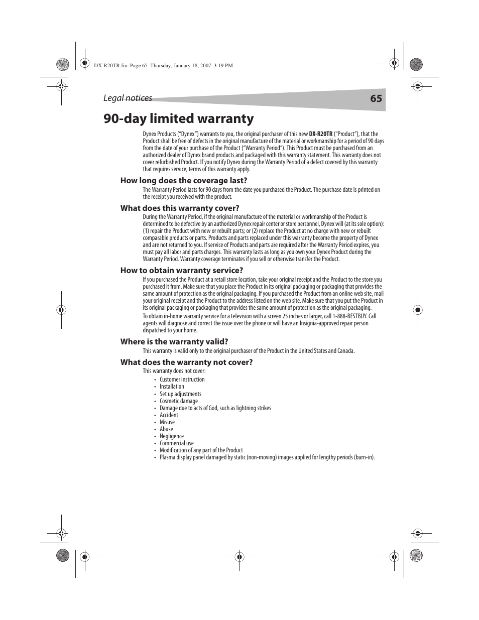 Day limited warranty | Dynex DX-R20TR User Manual | Page 65 / 67