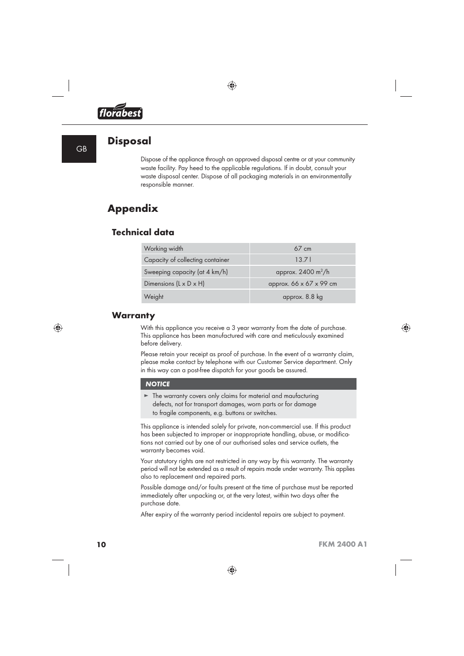 Disposal, Appendix, Technical data | Warranty | Florabest FKM 2400 A1 User Manual | Page 12 / 86