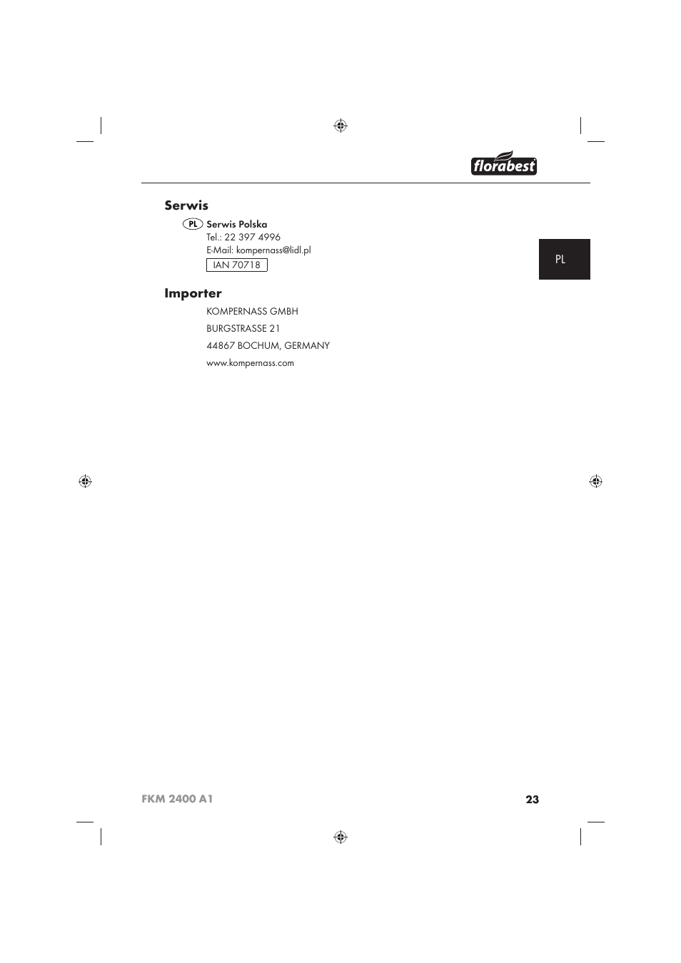 Serwis, Importer | Florabest FKM 2400 A1 User Manual | Page 25 / 86