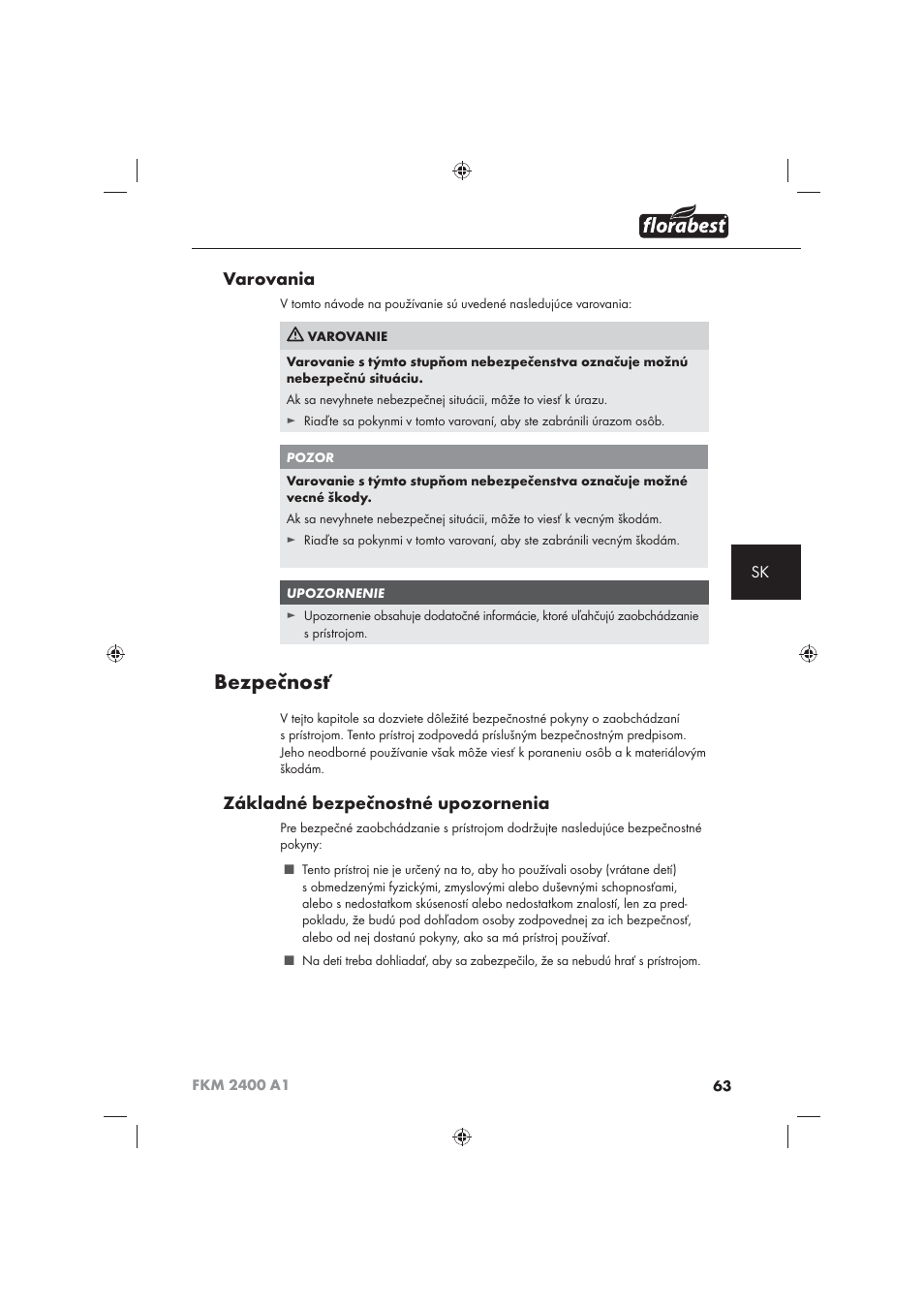Bezpečnosť, Varovania, Základné bezpečnostné upozornenia | Florabest FKM 2400 A1 User Manual | Page 65 / 86