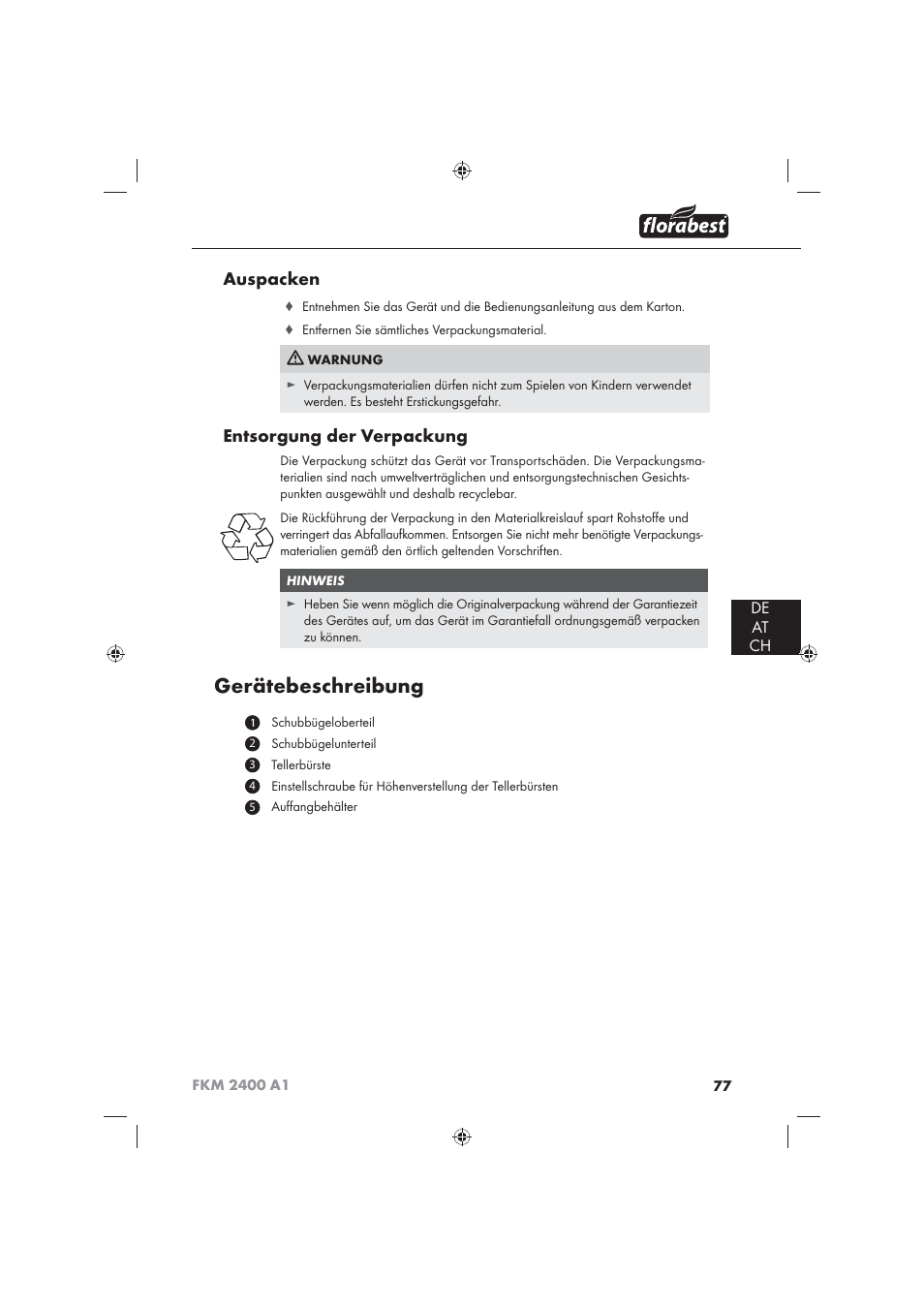 Gerätebeschreibung, Auspacken, Entsorgung der verpackung | De at ch | Florabest FKM 2400 A1 User Manual | Page 79 / 86