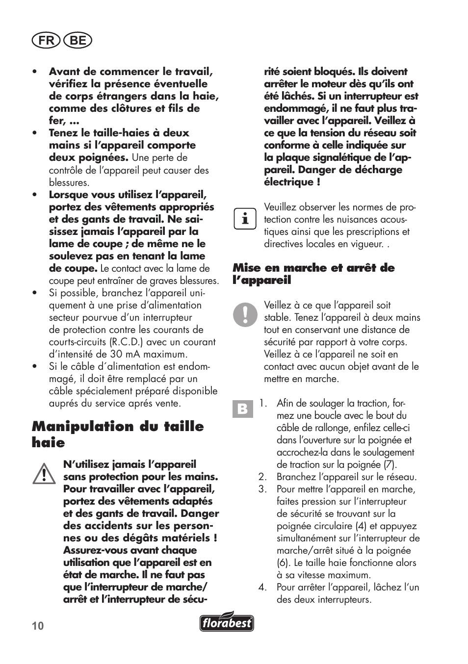 Manipulation du taille haie, Fr be | Florabest FHT 600 B2 User Manual | Page 10 / 54