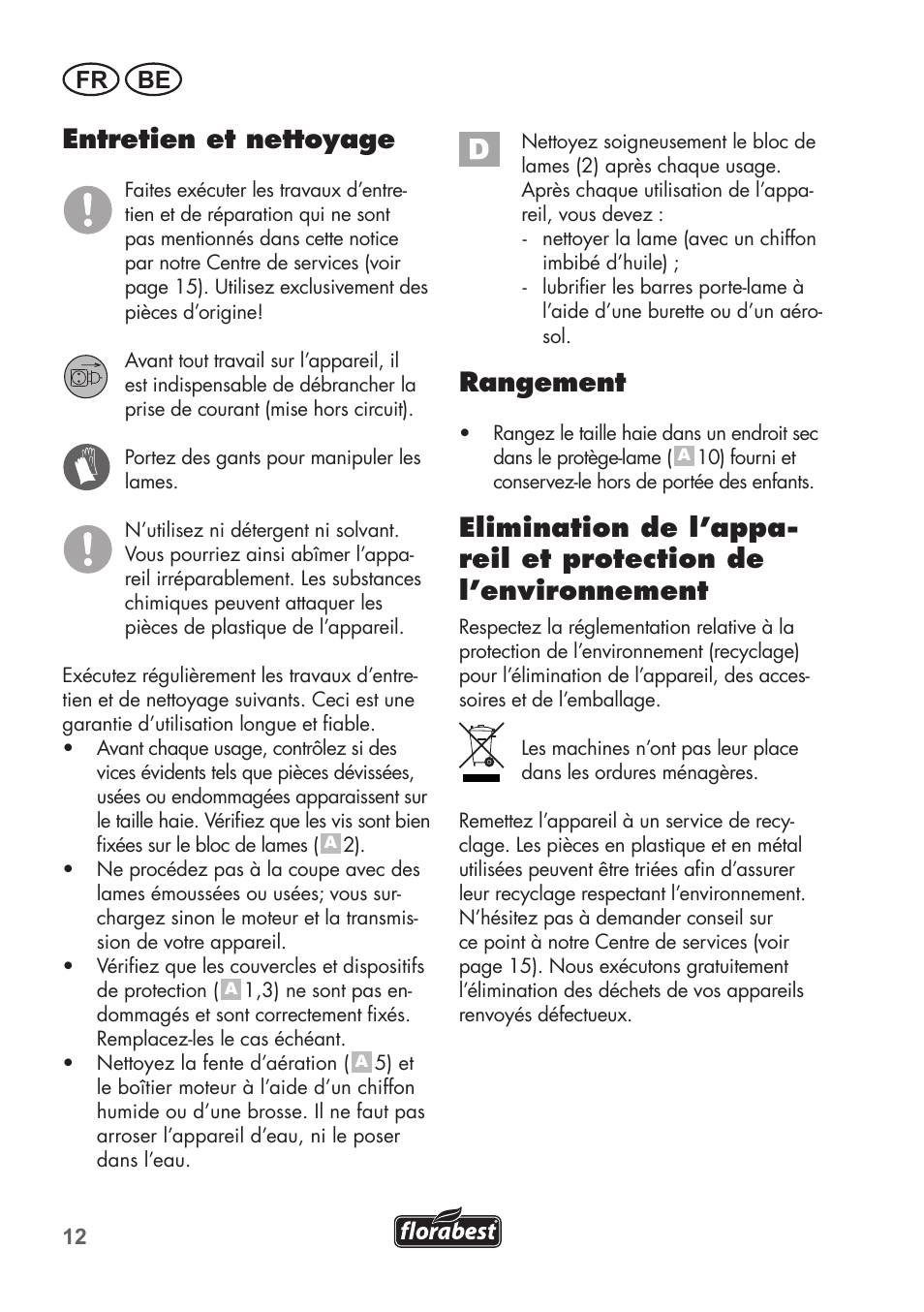 Entretien et nettoyage, Rangement, Fr be | Florabest FHT 600 B2 User Manual | Page 12 / 54