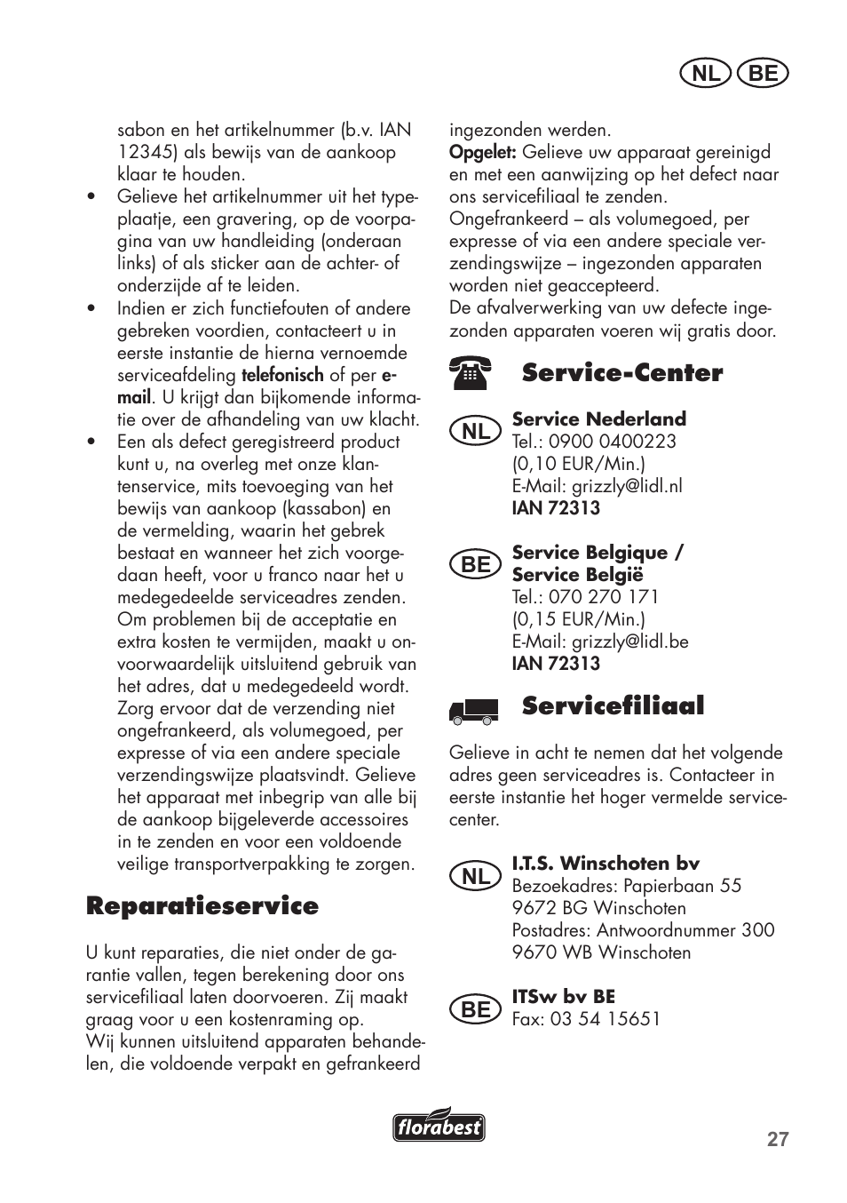 Reparatieservice, Service-center, Servicefiliaal | Be nl, Nl be nl be | Florabest FHT 600 B2 User Manual | Page 27 / 54
