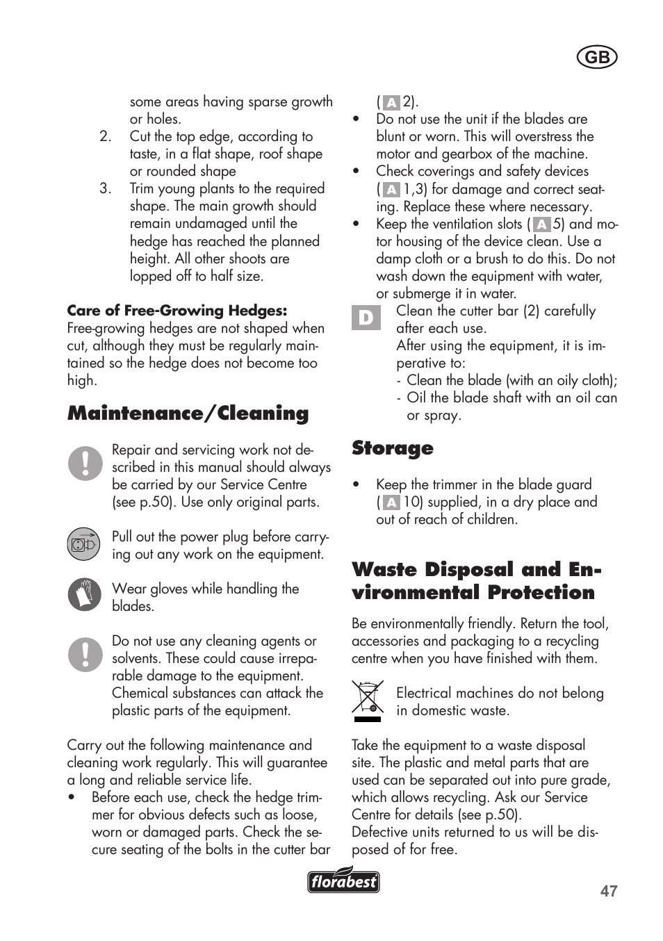 Maintenance/cleaning, Storage, Waste disposal and en- vironmental protection | Florabest FHT 600 B2 User Manual | Page 47 / 54