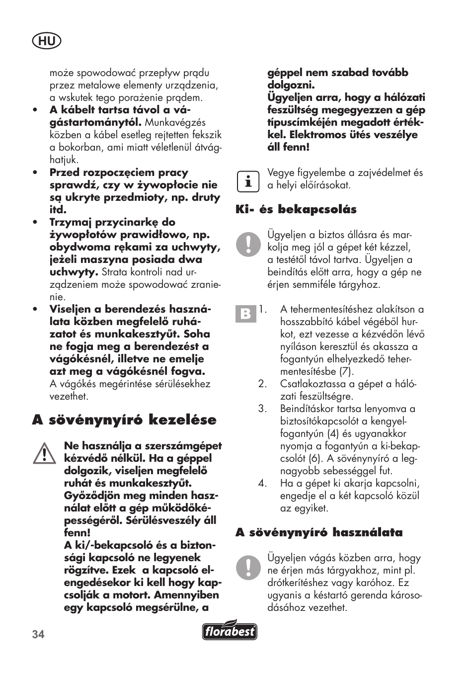 A sövénynyíró kezelése | Florabest FHT 600 B2 User Manual | Page 34 / 90