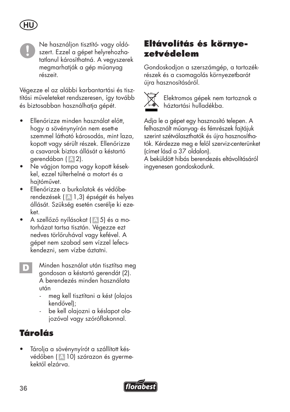 Tárolás, Eltávolítás és környe- zetvédelem | Florabest FHT 600 B2 User Manual | Page 36 / 90