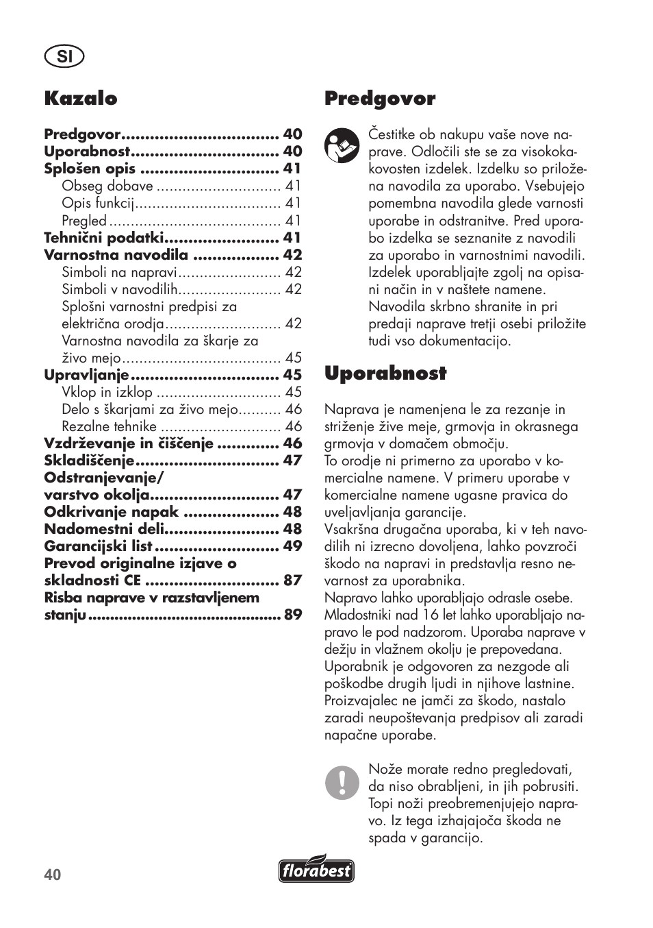 Predgovor, Uporabnost, Kazalo | Florabest FHT 600 B2 User Manual | Page 40 / 90