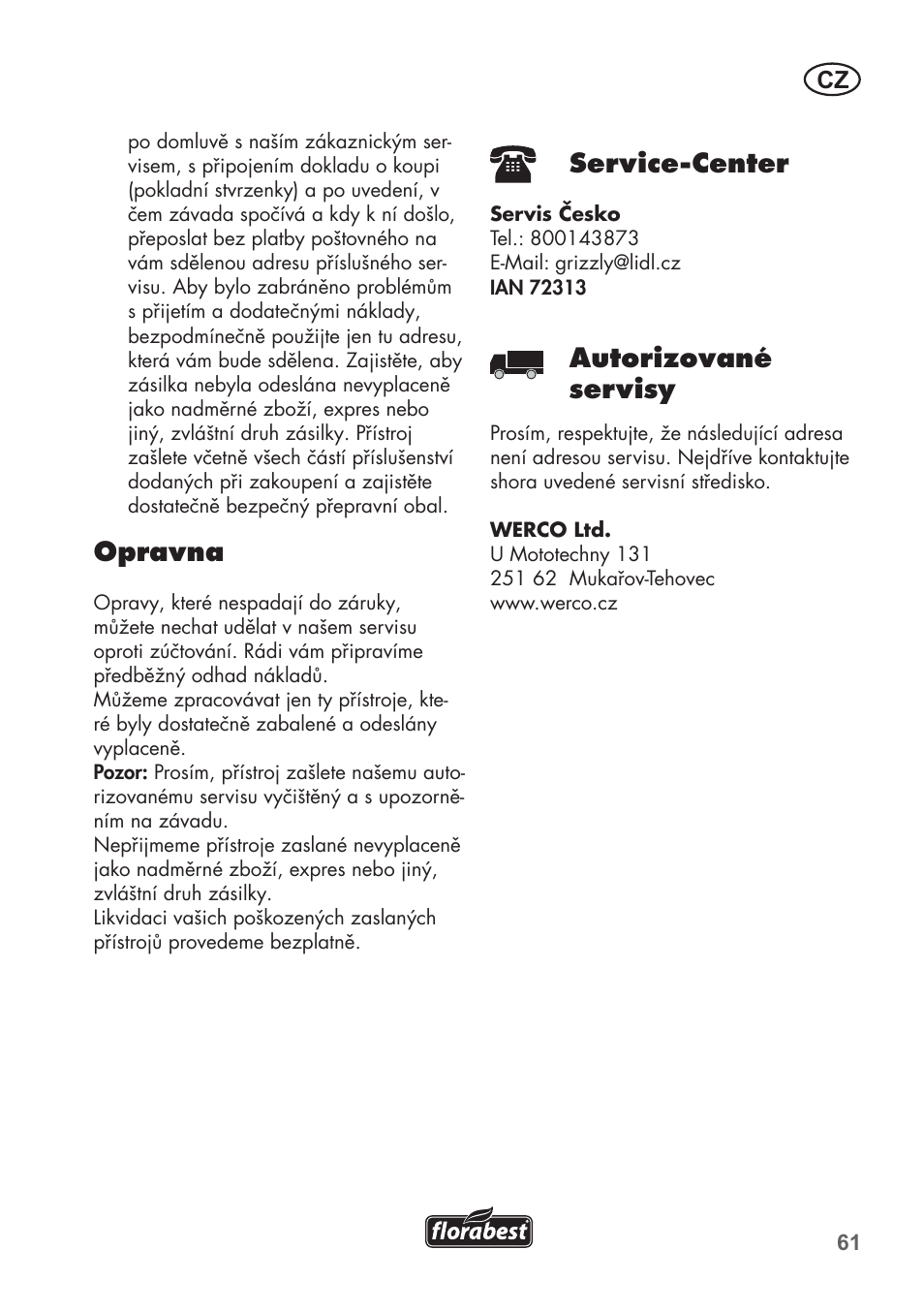 Opravna, Service-center, Autorizované servisy | Florabest FHT 600 B2 User Manual | Page 61 / 90