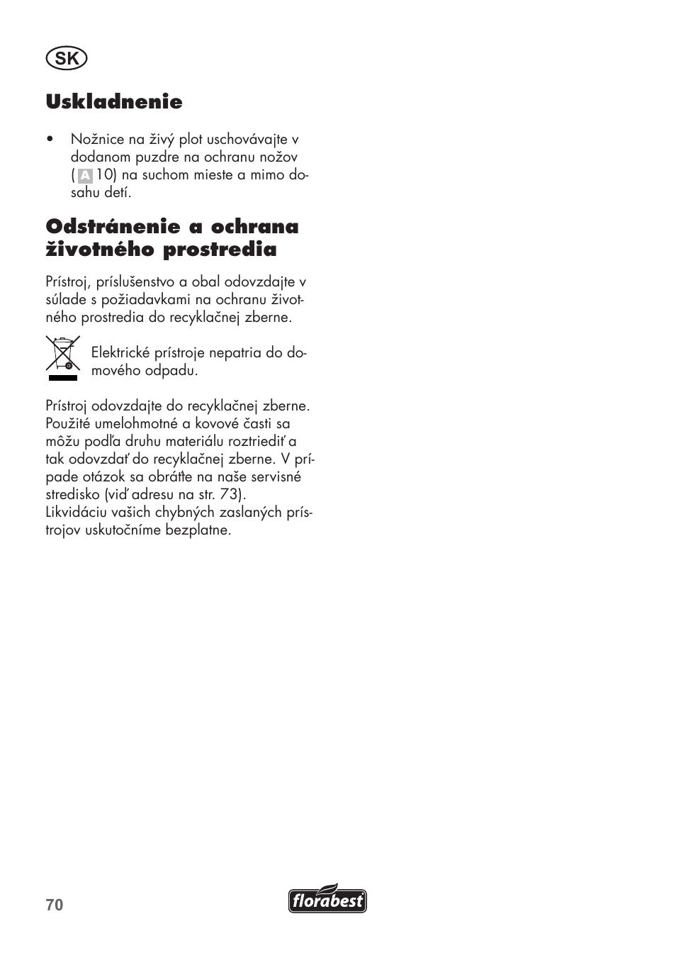Uskladnenie, Odstránenie a ochrana životného prostredia | Florabest FHT 600 B2 User Manual | Page 70 / 90