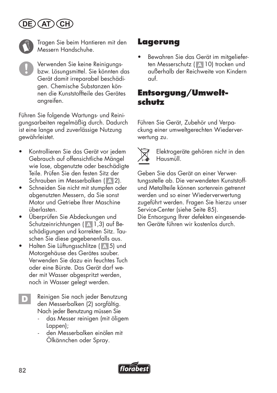Lagerung, Entsorgung/umwelt- schutz, De at ch | Florabest FHT 600 B2 User Manual | Page 82 / 90
