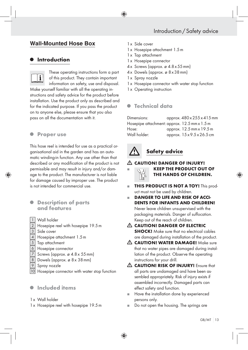 Introduction / safety advice, 7all -ounted, Introduction | Proper use, Description of parts and features, Included items, Technical data, Safety advice | Florabest Wall-Mounted Hose Box User Manual | Page 11 / 19