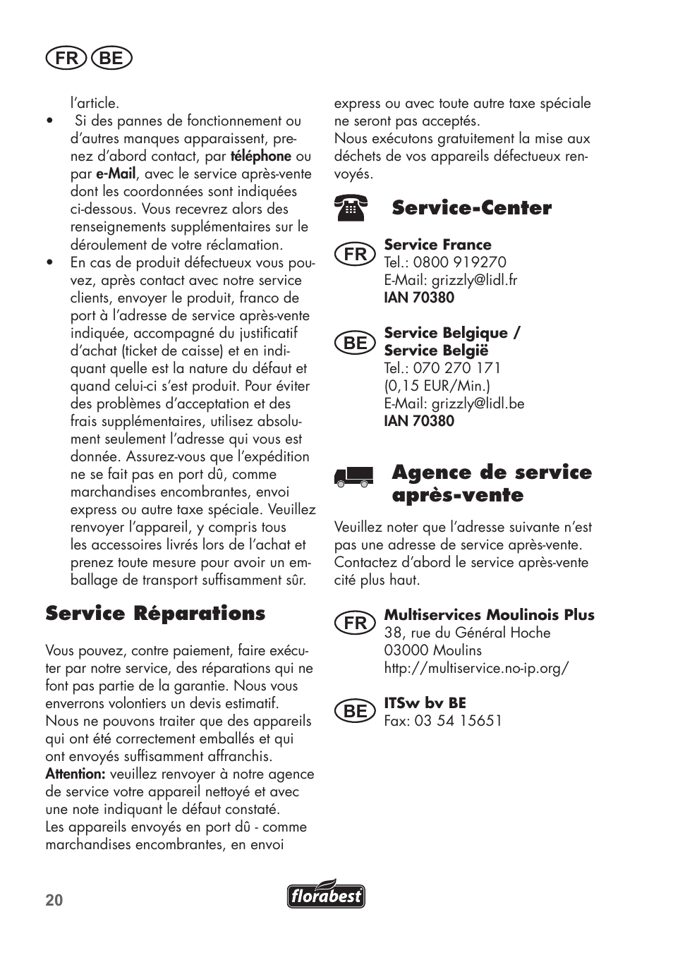 Service réparations, Service-center, Agence de service après-vente | Fr be, Fr be be | Florabest FAH 18 B2 User Manual | Page 20 / 74