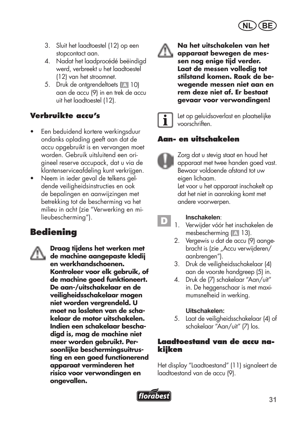 Bediening, Nl be | Florabest FAH 18 B2 User Manual | Page 31 / 74