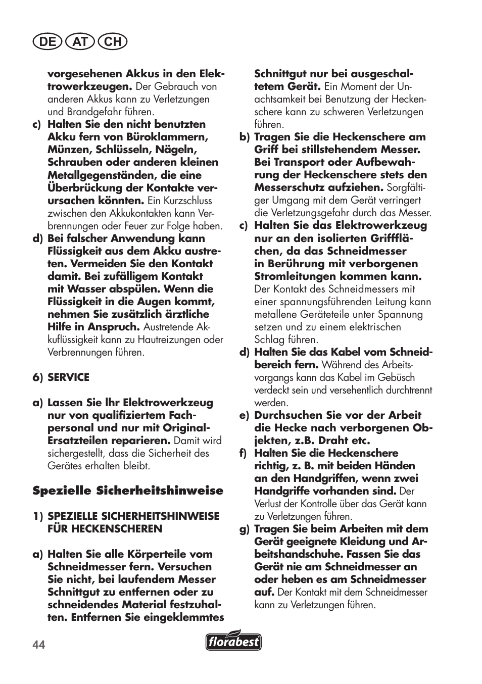 De at ch | Florabest FAH 18 B2 User Manual | Page 44 / 74