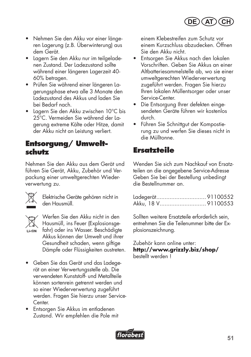 Entsorgung/ umwelt- schutz, Ersatzteile, De at ch | Florabest FAH 18 B2 User Manual | Page 51 / 74