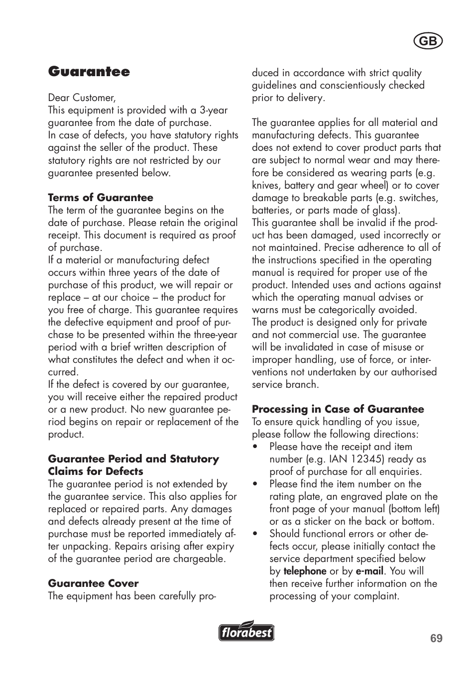 Guarantee | Florabest FAH 18 B2 User Manual | Page 69 / 74