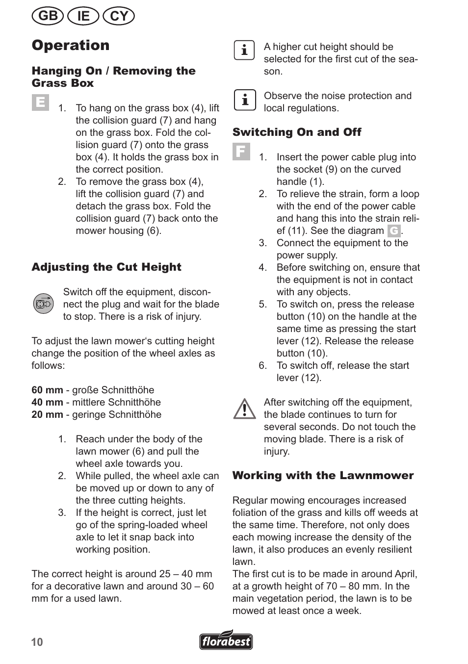 Operation, Ie gb cy | Florabest FRM 1200 A2 User Manual | Page 10 / 30